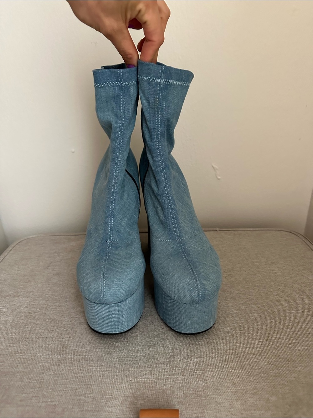 Light Blue Denim Platform Sock Booties